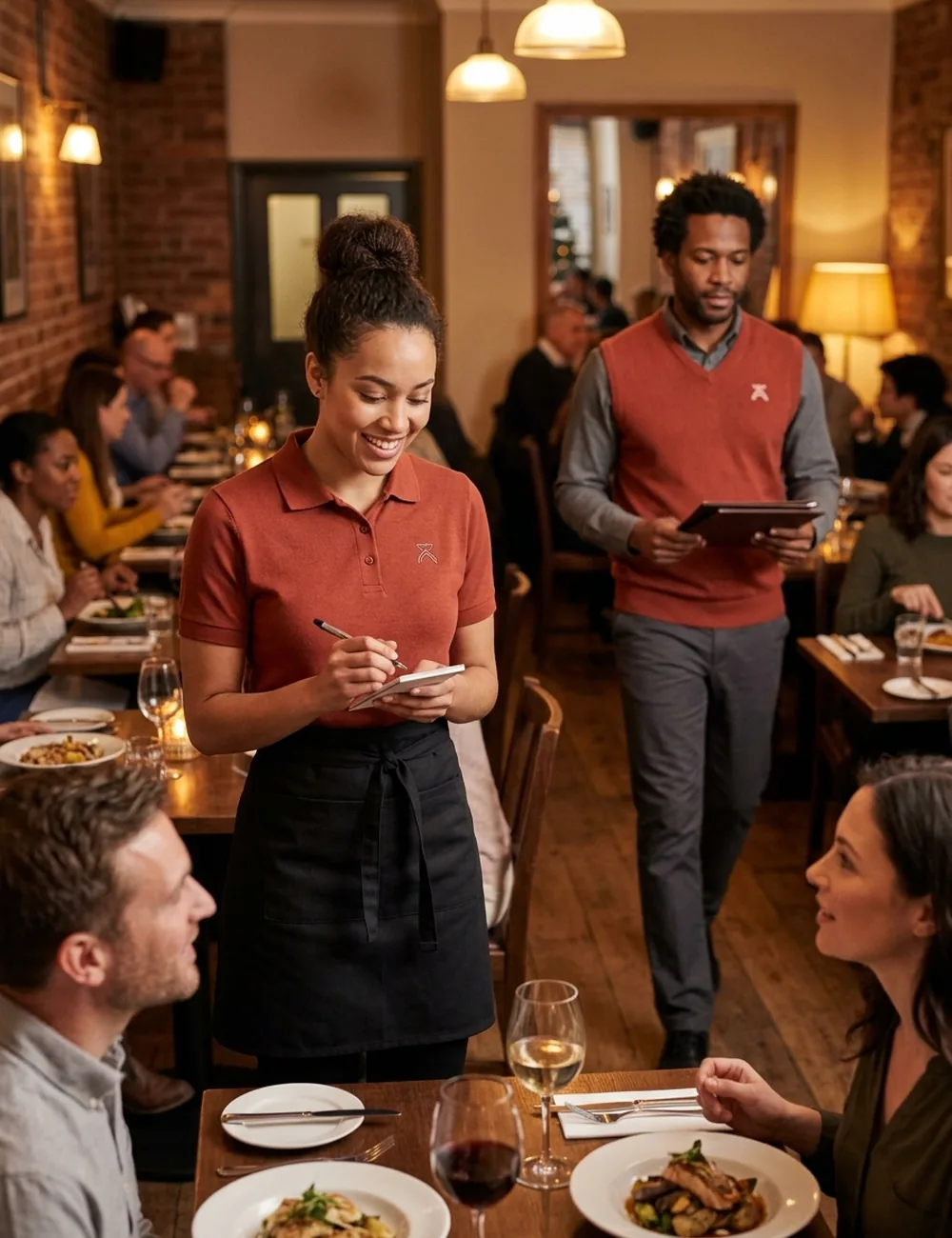 Evening dining room with a server in a brick-red shirt and a host in a knit vest at work between the tables