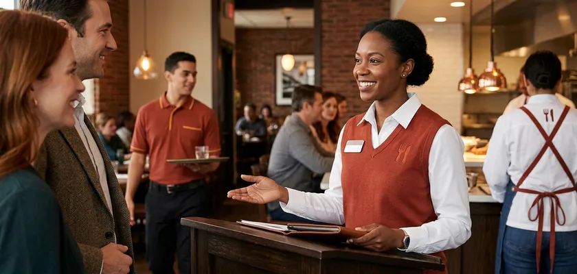 Restaurant host in a white blouse and brick-red knit vest greeting guests at the host stand