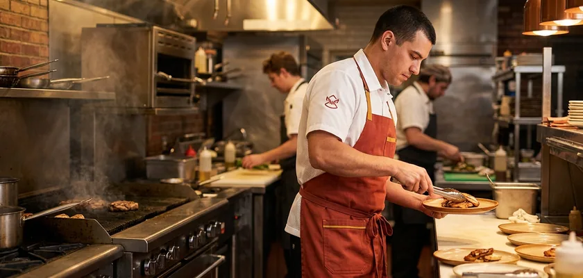 Line cook in a mesh-back chef shirt, black chef pants and brick-red bib apron plating at the grill