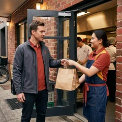 Delivery rider in a brick-red polo and charcoal softshell jacket collecting an order at the restaurant door