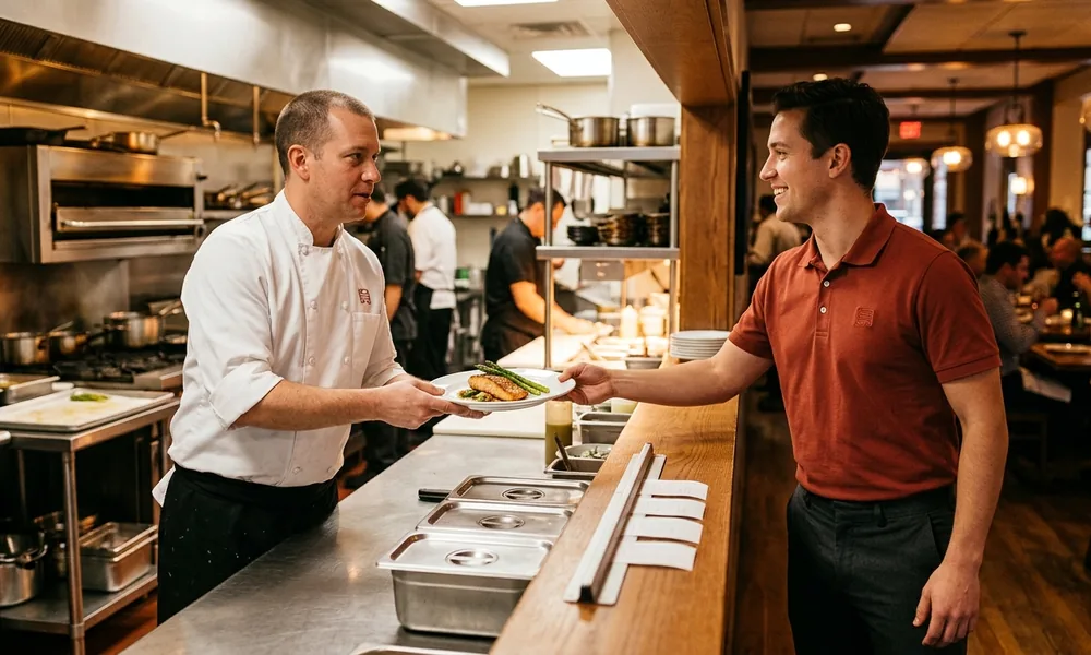 At the kitchen pass a server in a brick-red shirt takes a plate from a cook in a white chef coat with a brick-red embroidered logo