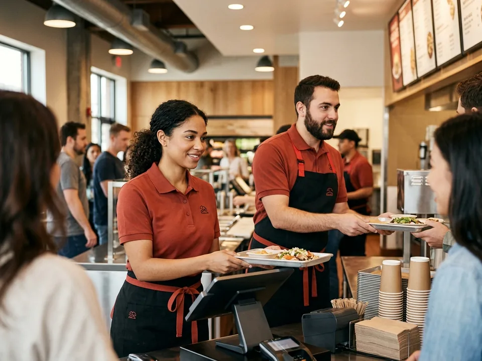 Fast-casual counter crew in brick-red piqué polos and black waist aprons taking orders