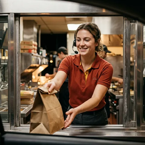 Crew member in a brick-red polo and headset handing a bag through the drive-thru window