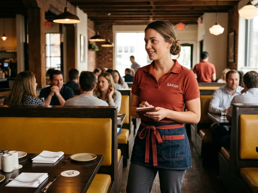 Server in a brick-red shirt with an embroidered first name on the chest, standing by a restaurant booth