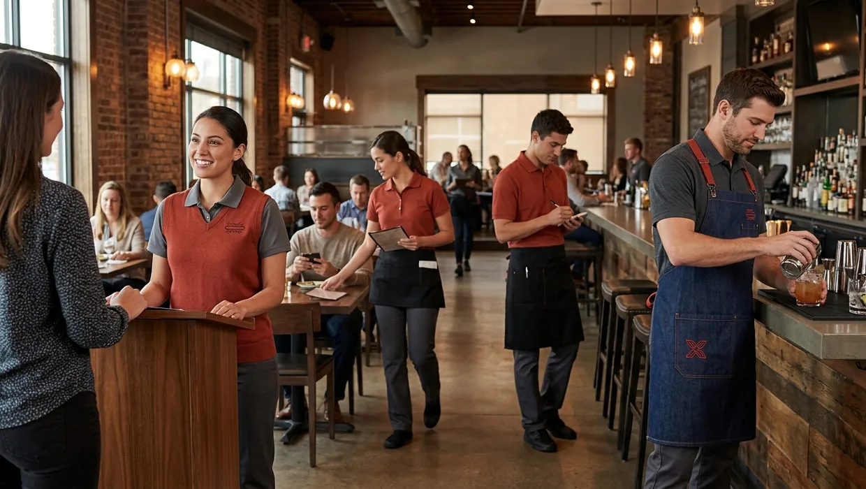 Sit-down restaurant with a host, servers in brick-red shirts and bistro aprons and a bartender in a denim bib apron on one shift