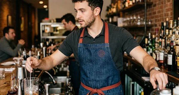 Close-up of an indigo denim bib apron with brick-red webbing straps and a brick-red embroidered logo on a bartender