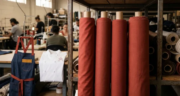Four rolls of brick-red fabric, poplin, suiting, piqué and canvas, standing side by side on a fabric store shelf