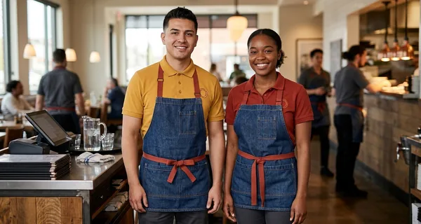 A shift manager in a mustard shirt and a server in a brick-red shirt side by side at the service station