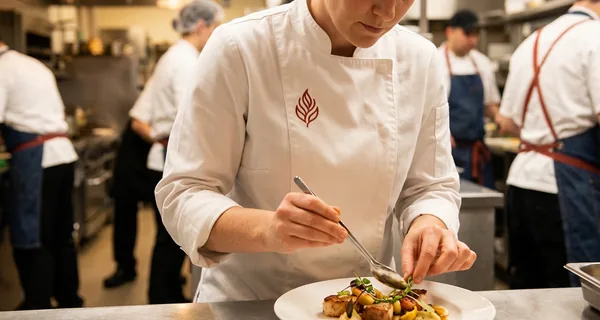 Close-up of a white chef coat chest with a brick-red embroidered logo while a cook plates a dish