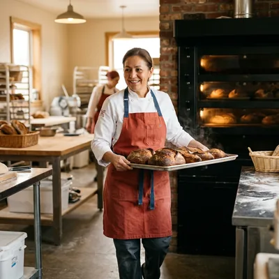 Baker in a white chef coat and brick-red canvas apron carrying a tray of fresh bread