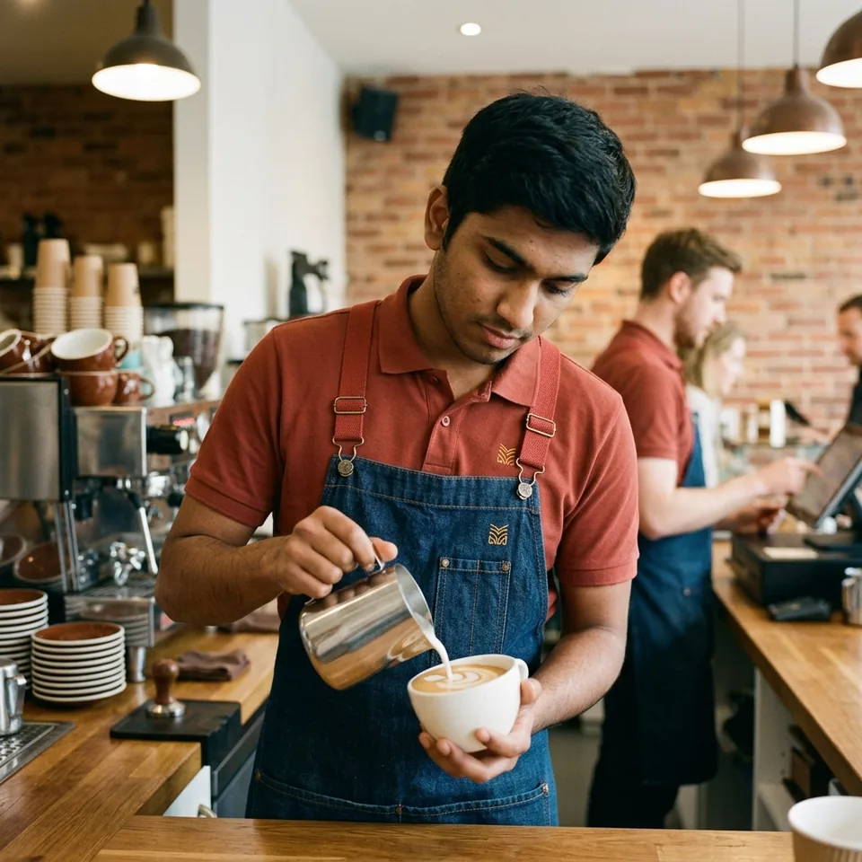 Barista in a brick-red polo and indigo denim bib apron with brick-red webbing straps pouring latte art at a coffee bar