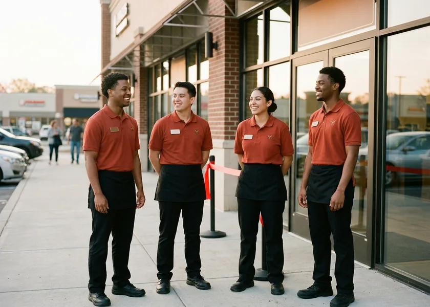 Franchise restaurant crew in brick-red polos standing outside the store front on opening morning