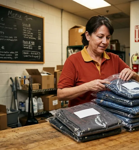 Franchisee store manager checking individually packed uniform bundles in the back room next to a menu board
