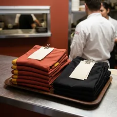 A stack of folded brick-red server shirts and black waist aprons on a tray, each with a blank name slip