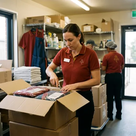 Franchisee store manager opening a carton of individually packed uniforms in the back room