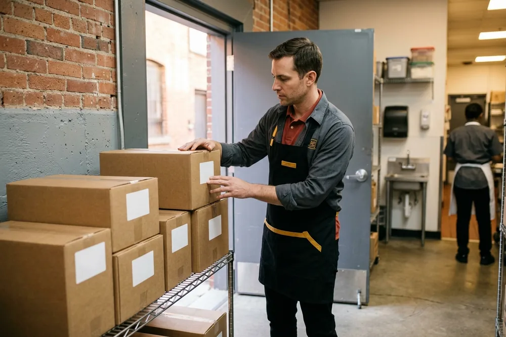 Store manager checking a row of labelled uniform cartons at the back door of a new restaurant