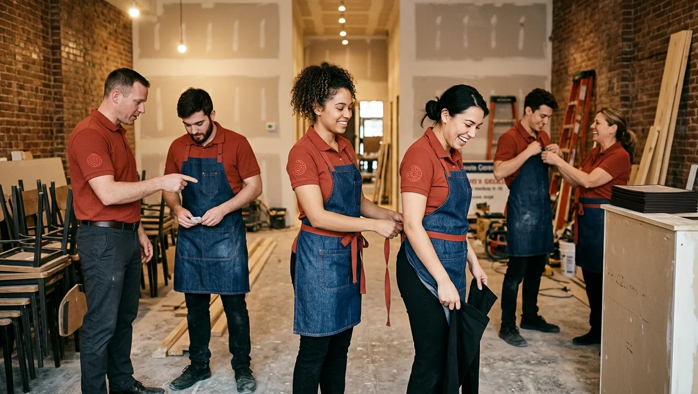 New restaurant team trying on brick-red polos and aprons in the store the week before opening
