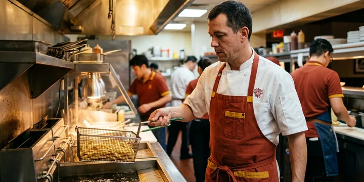 Fry station cook in a white chef coat and brick-red full bib apron lifting a basket