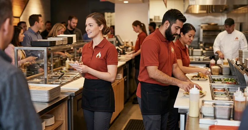 Fast-casual crew in brick-red piqué polos and waist aprons working the counter