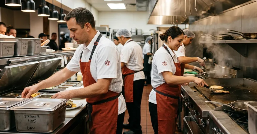 Line cooks in mesh-back chef shirts and brick-red bib apron on a busy fast-casual line