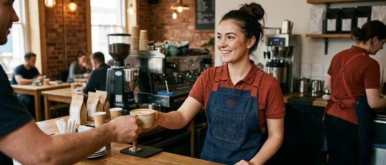 Barista in a brick-red polo and denim bib apron handing a coffee across the counter
