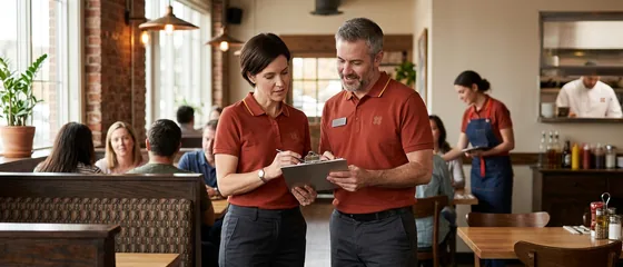 Franchisee store manager and brand field coach in brick-red polos reviewing a store checklist