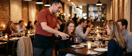 Server in a brick-red shirt and black bistro apron pouring wine at a dining table