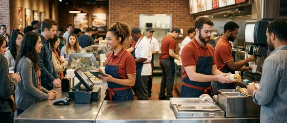 Quick-service counter crew in brick-red polos serving at a busy counter