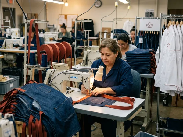 Sewing machinist stitching brick-red webbing straps onto denim aprons in the factory