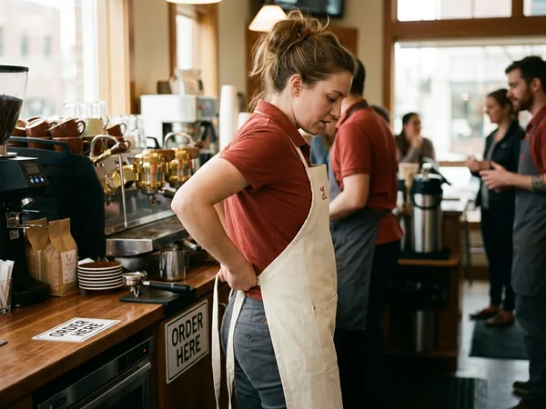 Barista tying a canvas bib apron behind a coffee counter