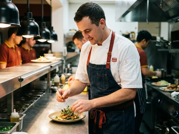 Chef in a white double-breasted chef coat garnishing a plate