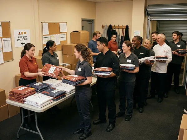 Store staff queuing to collect individually packed uniforms on launch day