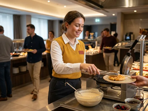 Hotel breakfast server in a knit vest and white shirt at a buffet