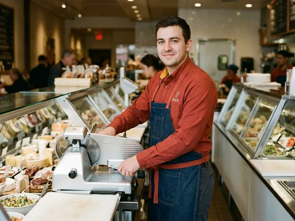 Server in a poplin shirt with an embroidered name on the chest at a deli counter