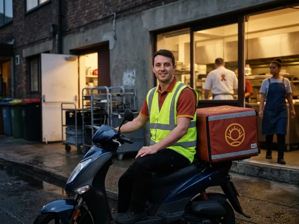 Delivery rider in a fluorescent yellow Class 2 vest over a polo on a scooter