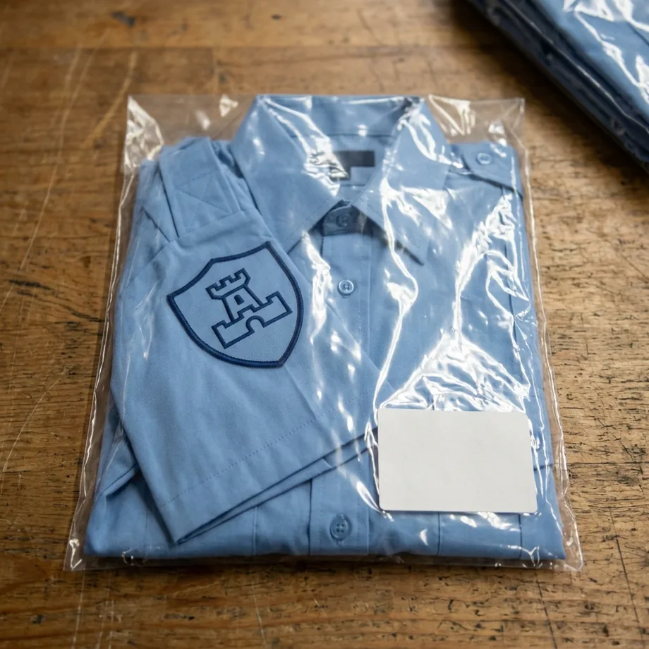 Folded security shirt in a person-pack with the shoulder patch facing up