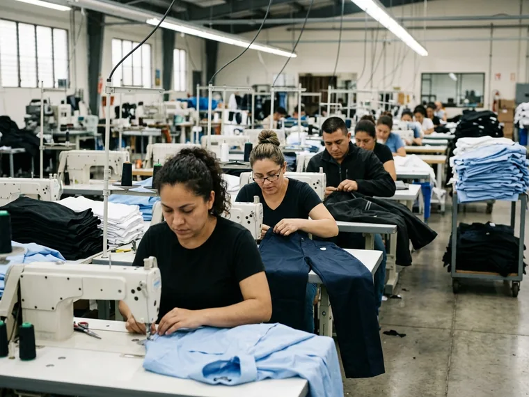 Rows of machinists on a cut-and-sew factory floor