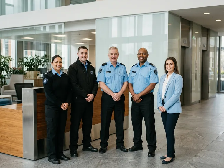Reception and facilities staff of one company in matching uniforms in an office hall