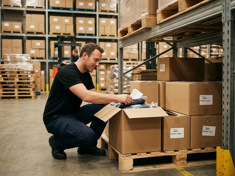 Distributor warehouse with neutral cartons of uniforms ready to ship