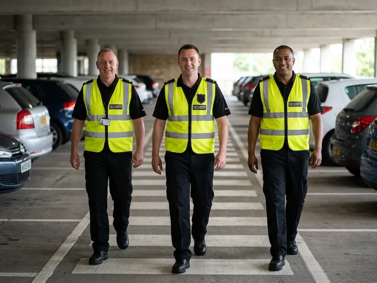 Car park security crew in hi-vis vests with SECURITY on the back