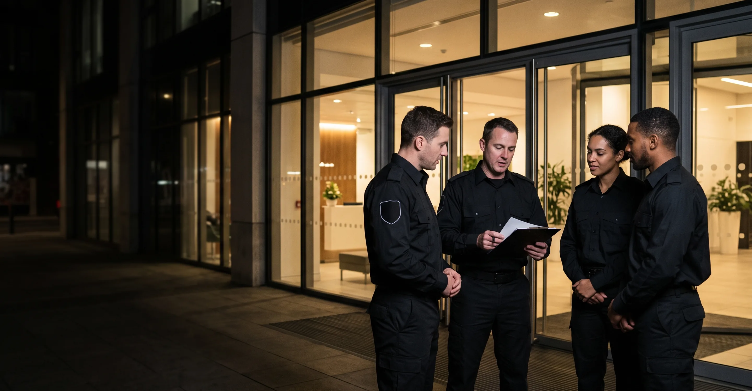 Four security officers in black and white shirts with epaulette slides and shoulder patches at a night-shift briefing outside a glass office entrance