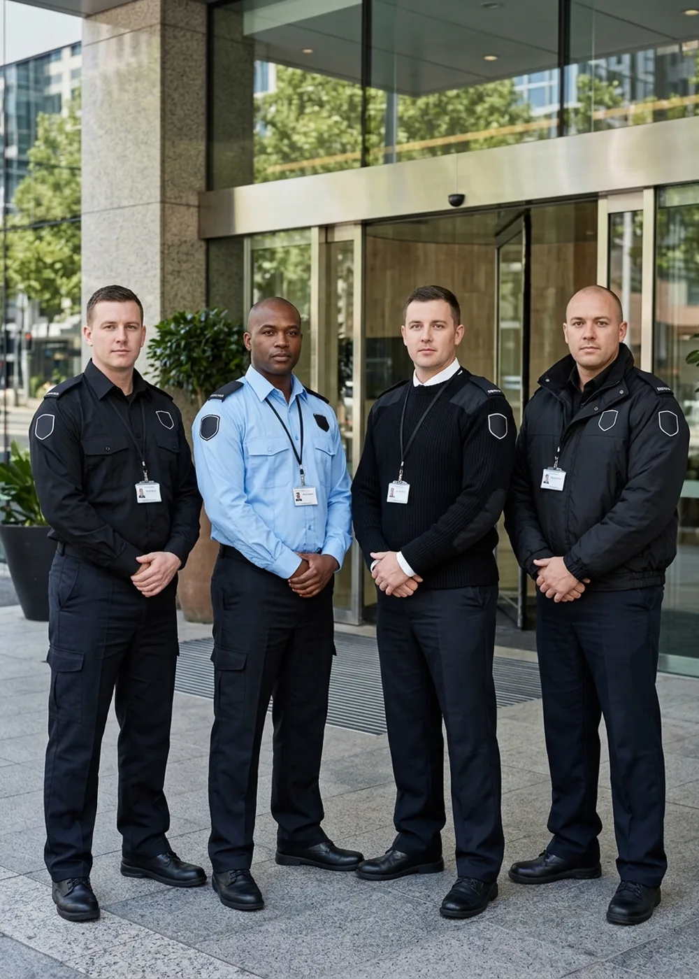 Four security officers outside an office lobby wearing a long-sleeve shirt with duty trousers, a knit pullover and an insulated jacket