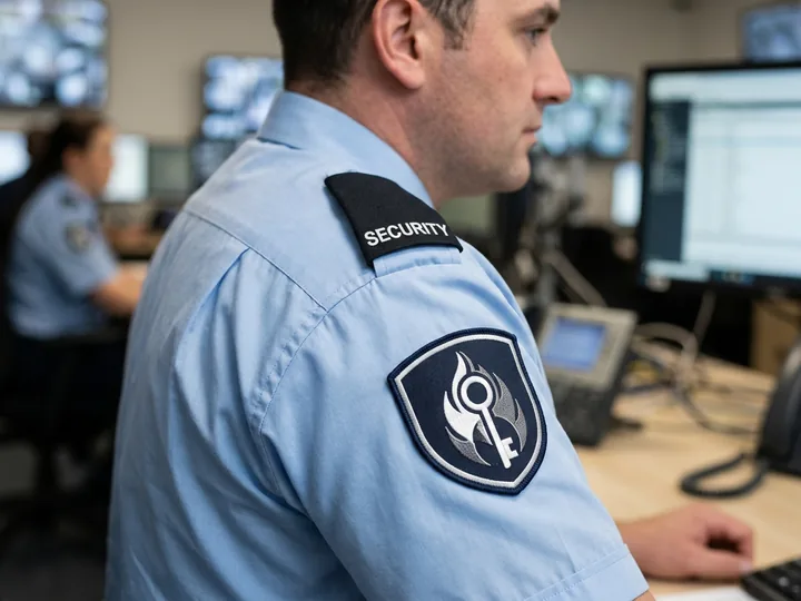 Close-up of a security shirt shoulder with an embroidered epaulette slide and a merrowed shield-shaped sleeve patch