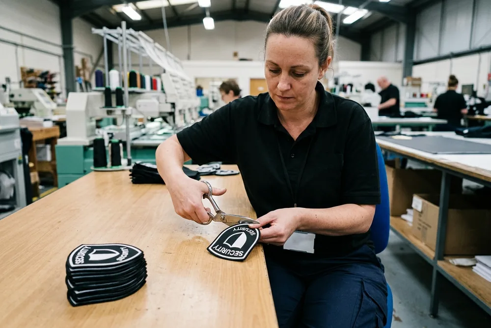 Line QC inspector cutting a faulty shoulder patch in two with shears on the embroidery floor