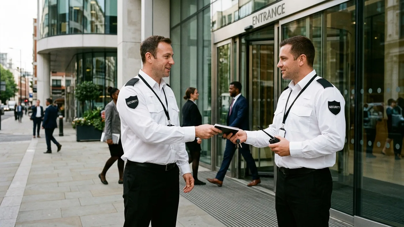 Two security officers in white shirts handing over at shift change outside a client office tower