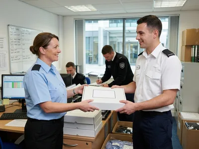 Site supervisor handing labelled uniform packs to officers transferring to a new contract