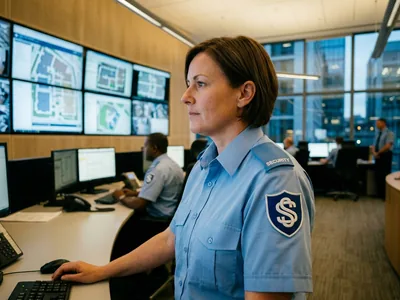 Light blue security shirt shoulder with an epaulette slide and a patch on each sleeve