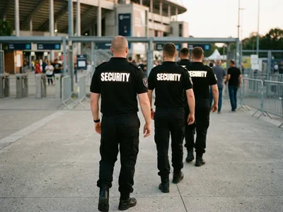 Event security crew seen from behind with reflective SECURITY lettering across the back of black polos