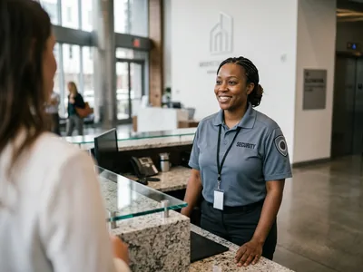 In-house security officer at a reception desk in a slate grey company polo with SECURITY embroidered on the chest