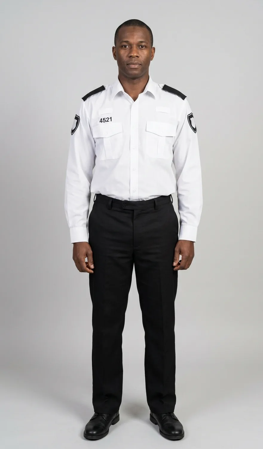 Full-length security officer facing the camera in a long-sleeve white shirt with epaulette slides, sleeve patches and a chest number